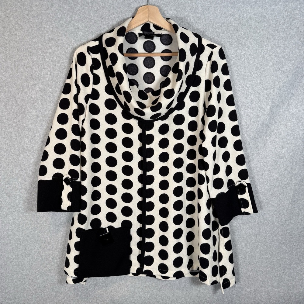 Ali Miles Tunic Top Womens Small Ivory Black Polka Dot Lagenlook  Blouse Shirt